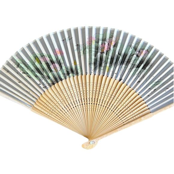 Vintage Japanese Folding Fan Bamboo Frame Floral Asian With Box Retro Design - Picture 2 of 11